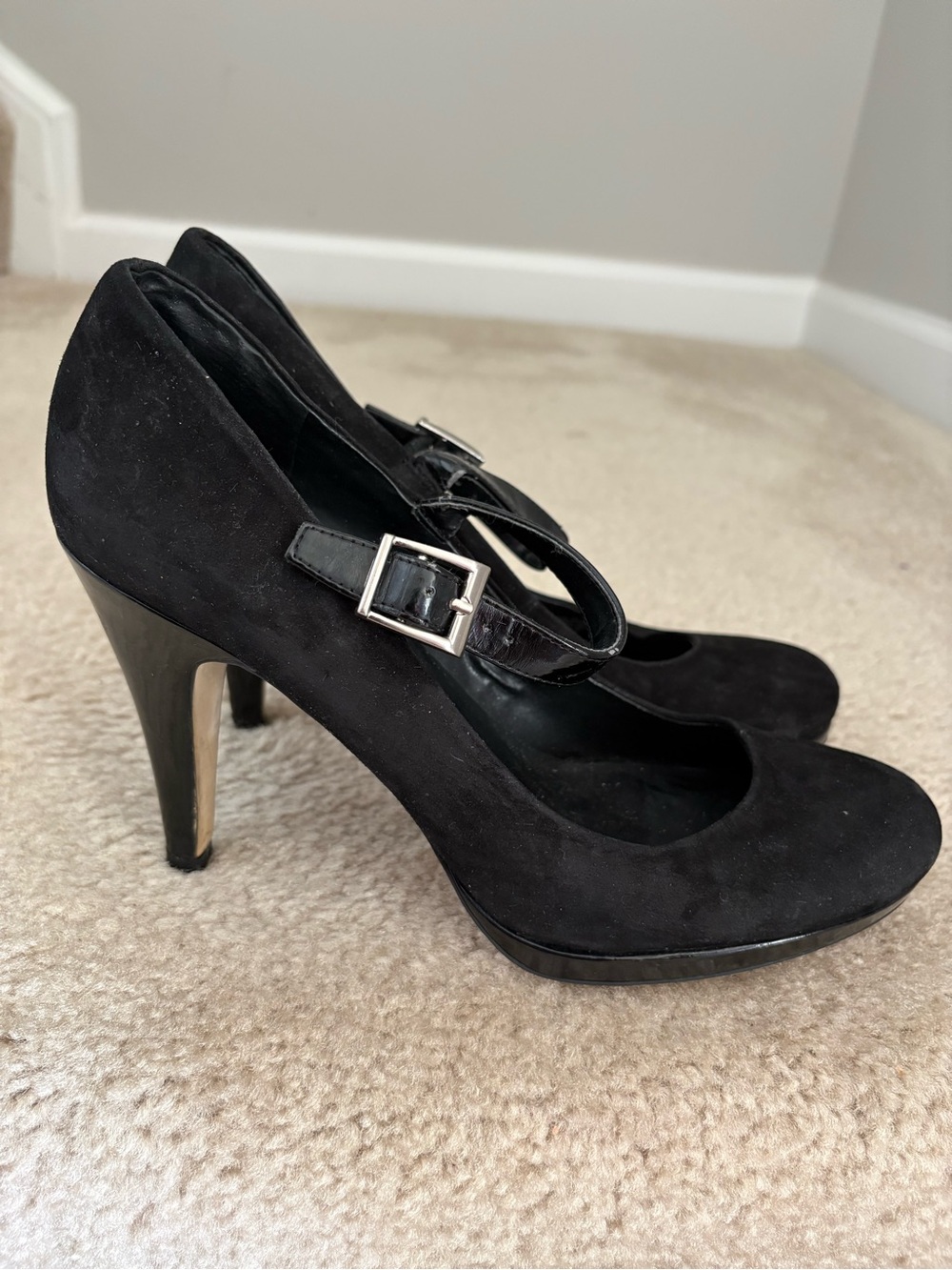 Franco Sarto Black Suede Mary Jane Heels with Silver Buckle Detail